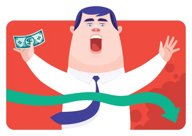 Vector illustration of businessman holding banknote and crossing finish line with falling arrow symbol ribbon