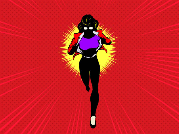 ilustraciones, imágenes clip art, dibujos animados e iconos de stock de vector pop art female superhero silhouette changing while running stock illustration - change superhero necktie strength