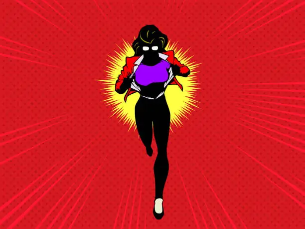 Vector illustration of Vector Pop Art Female Superhero Silhouette Changing while Running Stock Illustration