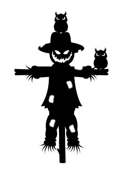 Vector illustration of Scary halloween scarecrows with owl silhouette vector illustration