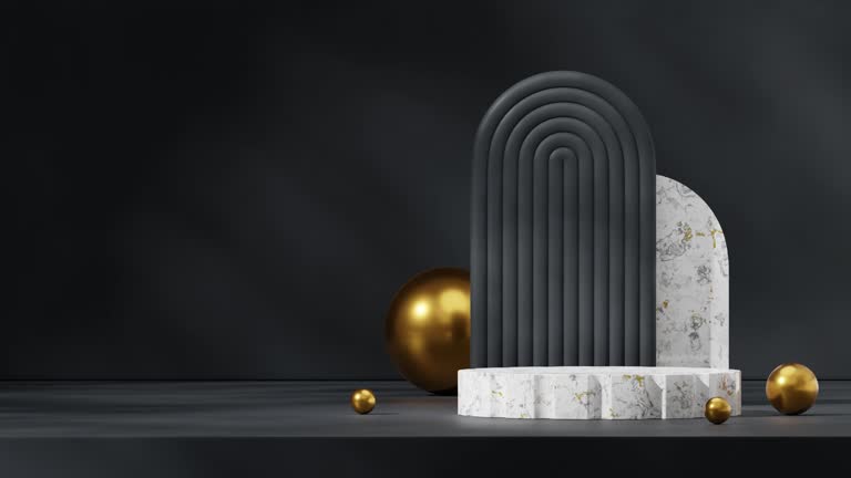 empty mockup white marble podium of with looping seamless shadow animation black arch and gold ball, 3d render footage