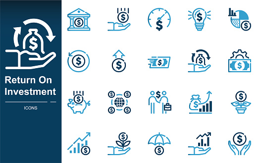 Return On Investment icons set. Financial Strategy, Savings, Credit Score, Capital, Banking, Profit, Finance, Banking, Money, coins dollar, dollar sign, Money Movement, money move on global expansion.