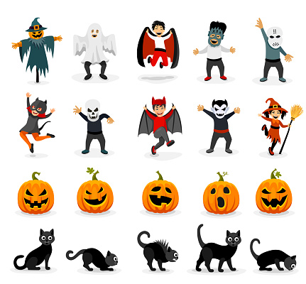 Ghost, scarecrow, witch, vampire, bat, death grim reaper, pumpkin, cat, monster.