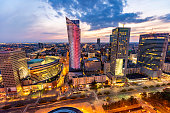 Warsaw business district at sunset