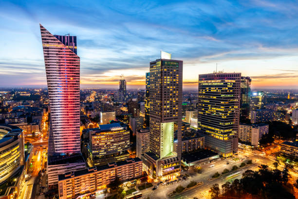 istock Warsaw business district at sunset 1690372354