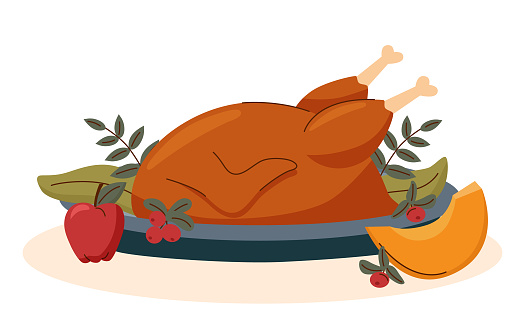Thanksgiving concept. Roast turkey on a platter with vegetables.