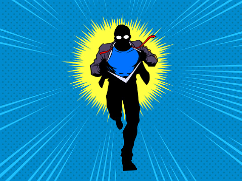 A retro pop art style vector illustration of a superhero in silhouette ripping his shirt changing into superhero costume. Place your symbol or copy on the chest. Easy to grab and edit.