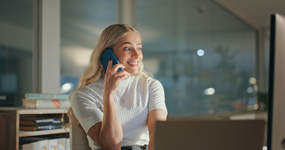 Employee, phone call and woman with a smile, office and communication with app, network and connection. Person, consultant and entrepreneur with a cellphone, success and mobile user with conversation