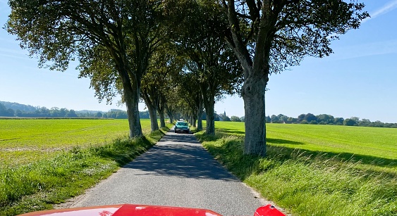A procession of vintage automobiles gracefully cruises along a tranquil country road on the enchanting Samsø Island in Denmark