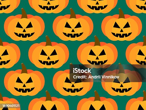 istock Halloween pumpkins seamless pattern. Halloween carved pumpkin face. Happy Halloween October 31st, trick or treat. Jack-o-lantern. Design for print, posters and banners. Vector illustration 1690401121