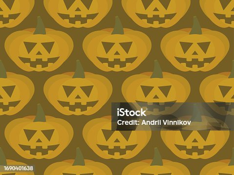 istock Halloween pumpkins seamless pattern. Halloween carved pumpkin face. Happy Halloween October 31st, trick or treat. Jack-o-lantern. Design for print, posters and banners. Vector illustration 1690401638