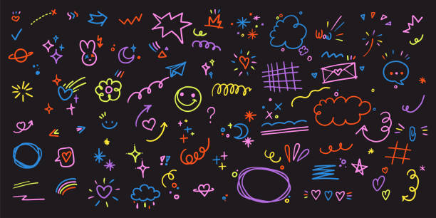 Doodle cute glitter pen line elements. Naive groovy  Fun colorful Simple sketch line style emphasis, attention, Heart, arrow, star, underline, speech balloons, sparkle decoration symbol set icon Doodle cute glitter pen line elements. Naive groovy  Fun colorful Simple sketch line style emphasis, attention, Heart, arrow, star, underline, speech balloons, sparkle decoration symbol set icon. in a row single line symbol underline stock illustrations