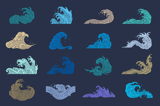 ilustrações, clipart, desenhos animados e ícones de conjunto de silhuetas de padrão de ondas do mar orient - onda