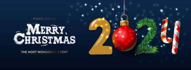 Merry Christmas and Happy New Year 2024 banner, Xmas festive decoration. Horizontal Christmas posters, cards, headers, website. Vector illustration vector art illustration