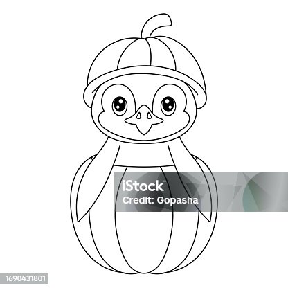 istock A penguin in the pumpkin coloring book. Coloring page. Black and white vector illustration. Happy Halloween 1690431801
