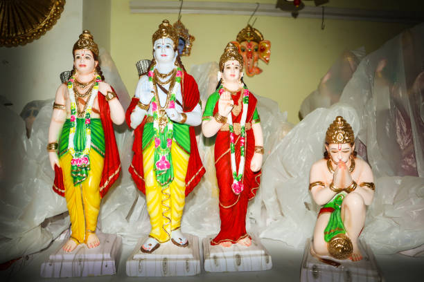 The Figurines portraying Lord Rama, Sita, Lakshmana and Hanuman of Ramayana mythology during the Doll festival of Dussehra and Diwali in Karnataka, India. Mysuru, Karnataka, India-August 30 2023; The Figurines portraying Lord Rama, Sita, Lakshmana and Hanuman of Ramayana mythology during the Doll festival of Dussehra and Diwali in Karnataka, India. rajasthani puppets stock pictures, royalty-free photos & images