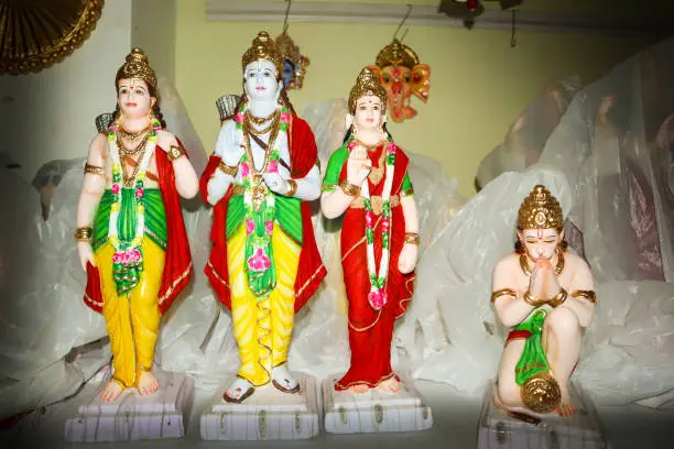 Mysuru, Karnataka, India-August 30 2023; The Figurines portraying Lord Rama, Sita, Lakshmana and Hanuman of Ramayana mythology during the Doll festival of Dussehra and Diwali in Karnataka, India.