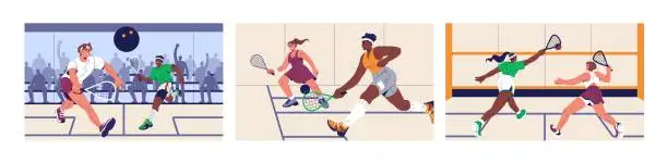 Vector illustration of Squash match set. Young tennis players with racket. People play with racquet and ball on championship. Diverse man and woman on court. Sport competition, junior tournament. Flat vector illustration