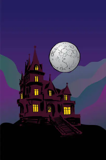 Vector illustration of A mansion in a mountain landscape during the night