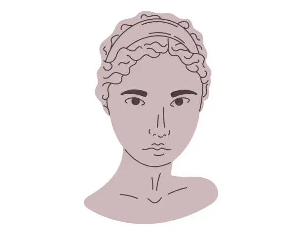 Vector illustration of Antique female head. Clay stone sculpture of a Greek woman. Classic vector isolated flat bust of an ancient goddess.