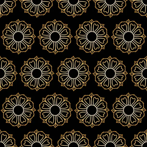 Vector illustration of Vector geometrical seamless pattern of gold floral rosette on a black background