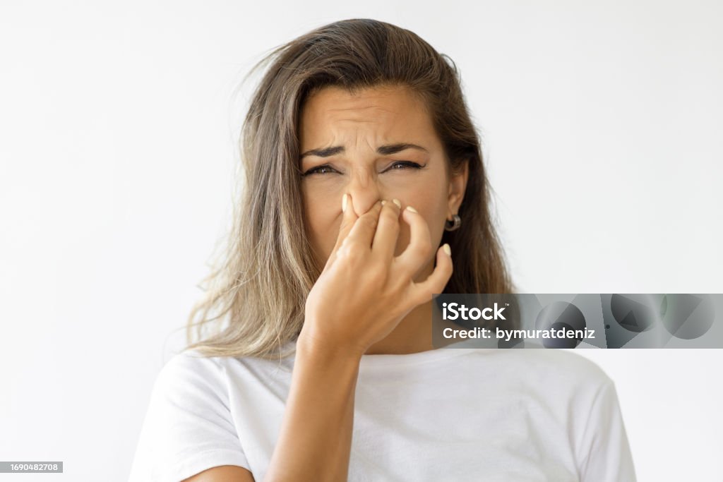 Representing bad smell and disgust. Nose Stock Photo
