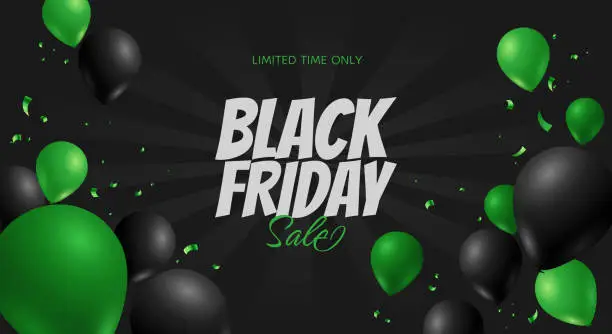 Vector illustration of Black Friday sale starburst background with green balloons and serpentine