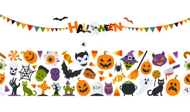Vector illustration of Happy Halloween banner. Halloween seamless pattern.