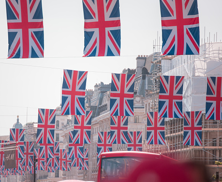 London: Union flags on display above Regent Street, a landmark shopping destination in London’s West End