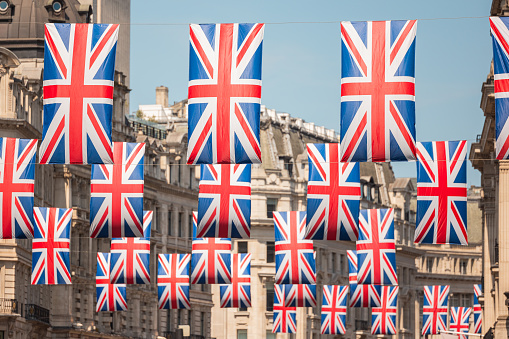 London: Union flags on display above Regent Street, a landmark shopping destination in London’s West End