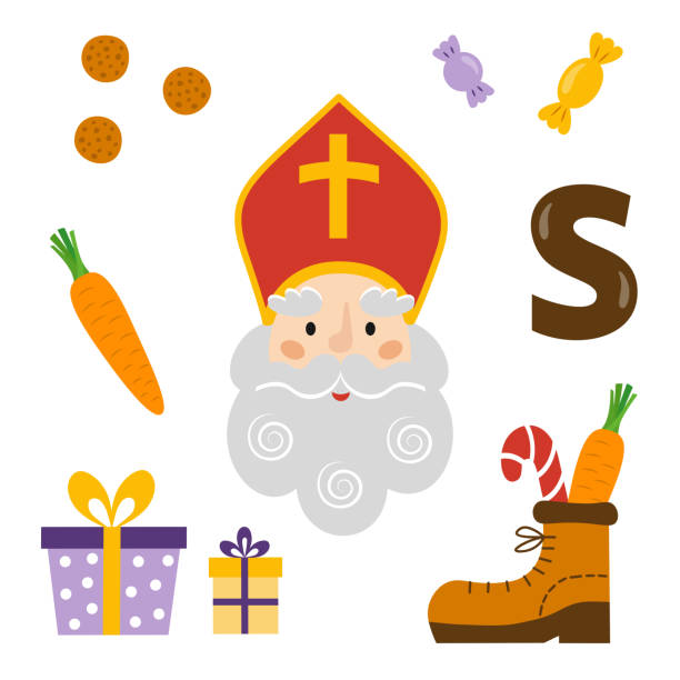 ilustraciones, imágenes clip art, dibujos animados e iconos de stock de conjunto de sinterklaas con golosinas, regalos, zapatos, zanahoria, carta de chocolate, galletas, etc. iconos del día de san nicolás. fiesta tradicional holandesa, bélgica. - borg