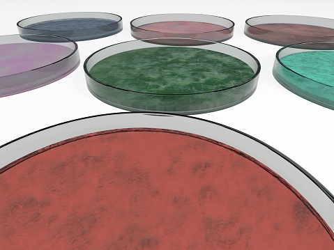A 3D rendering of petri dishes on a white background