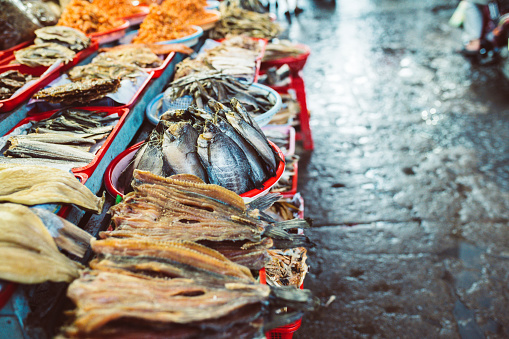 Venice, Italy - March 12: famous Mercato di Rialto - fish- and farmers-market near the rialto bride in venice on March 12, 2019