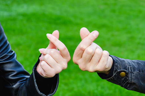 male and female hand shows heartful sign of the hand against the background of green grass. Hands make heart gesture with your fingers. Couple in Love Made a Korean Love Sign