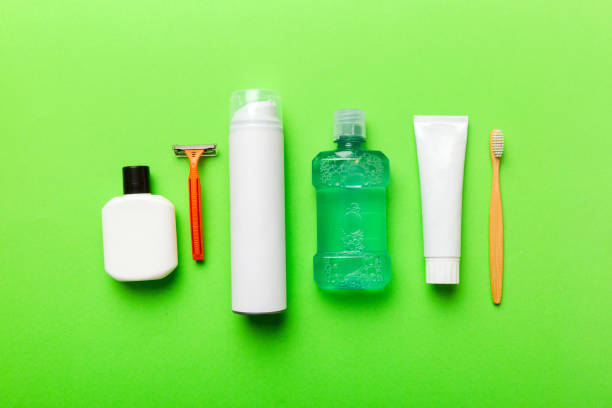 istock Mockup for bathing products top view flat lay, spa razor, toothpaste, soap, gel and other various accessories. Cosmetics for skin health. Bath Mockup for your logo 1690597694