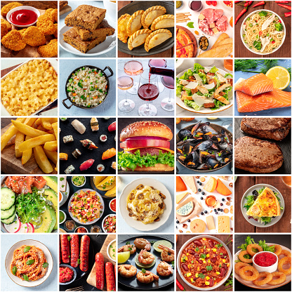 Food collage layout. A variety of dishes, a collection for a restaurant banner. International cuisine. Burger, salad and plates of Italian, Mexican, American cooked meals