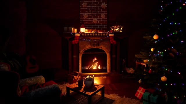 Fireplace in a forest hut on Christmas Eve.