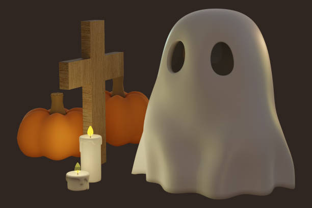 3d rendering ghost, pumpkins, grave wood, candle light - witch voodoo smiling bizarre imagens e fotografias de stock