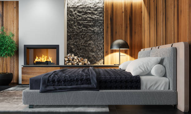 istock Modern minimalist bedroom with fireplace 1690615826