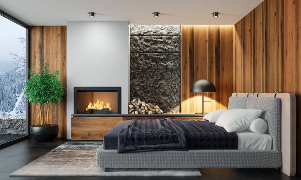 istock Modern minimalist bedroom with fireplace 1690616879