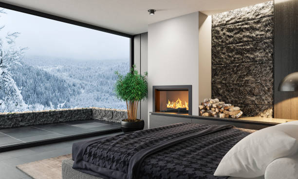 istock Modern minimalist bedroom with fireplace 1690617458