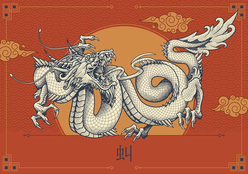 Vector illustration in engraving technique of coiled serpent dragon with horns on traditional textured sky background with clouds.