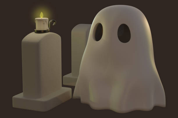 3d rendering ghost, grave stone, candle light - witch voodoo smiling bizarre imagens e fotografias de stock