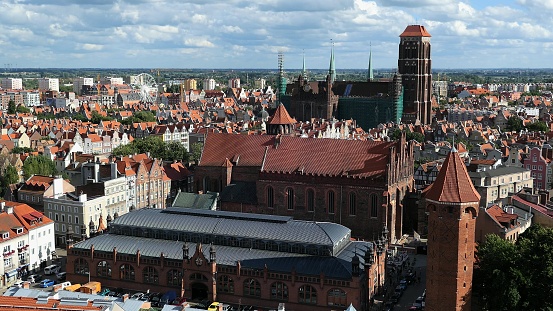 Gdansk Old Town Houses Churches Skyline Aerial, Poland
