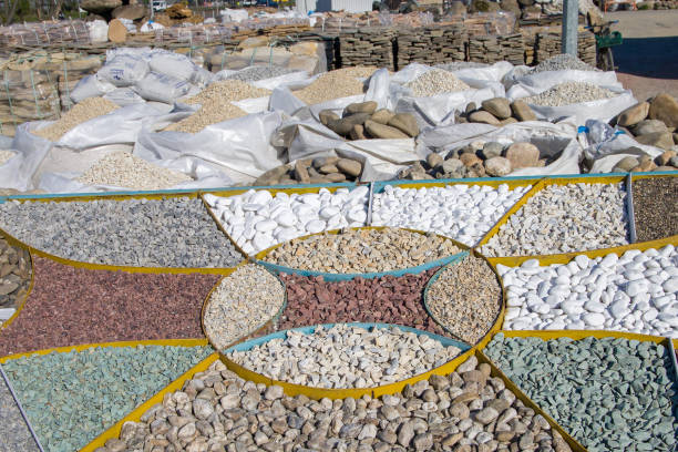 Multicolored decorative pebbles and stone at the stone market.