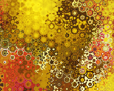 Abstract floral hexagonal fractal art background, reminiscent of millefiori glass.
