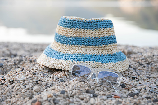 senior woman's beach hat, close up