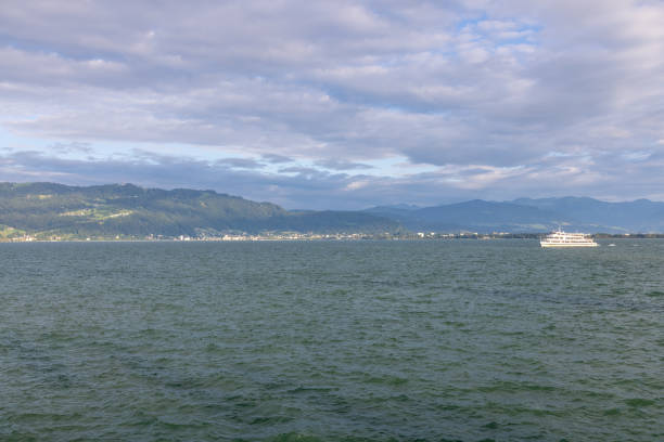 Lindau, view over Lake Constance towards Bregenz in Austria with ships