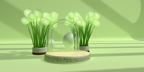 istock Round marble podium with glass wall and two potted plants on either side on a green surface. 3D Illustration 1690668070