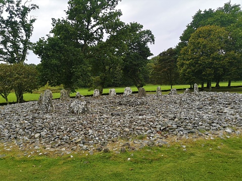 A view of a Neolithic stone circle, cairn and burial chamber near Kilmartin in the west of Scotland